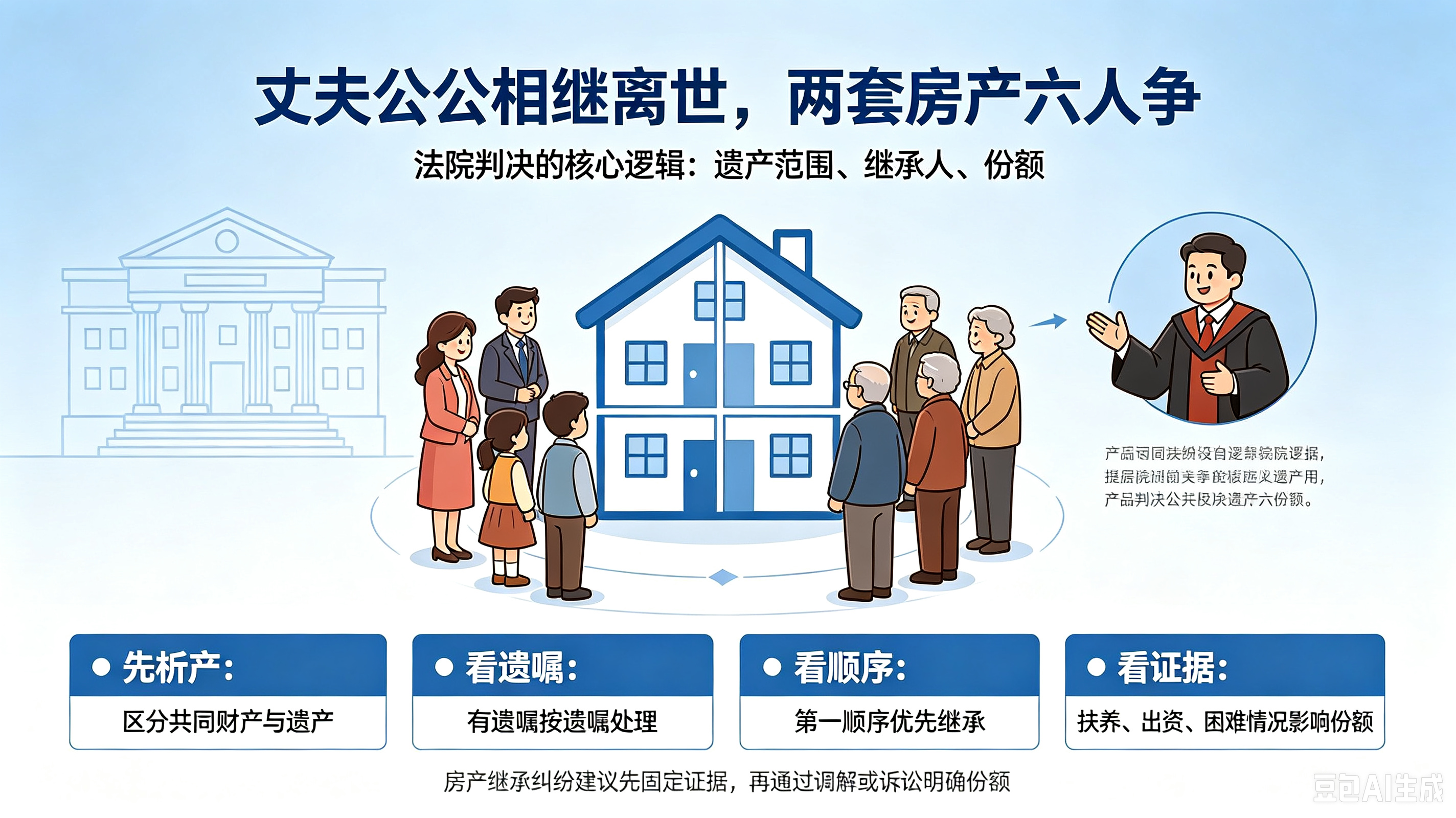 房产动迁|（转载）丈夫公公相继离世，两套房产六人争，法院如何判？
